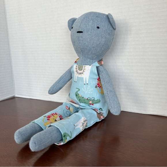 Handcrafted Soft Blue Bear with Coordinating Overalls 13 inches - Picture 2 of 5